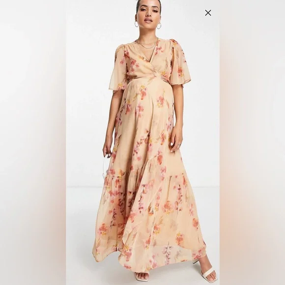 chinese dress ladies OUGES Fall Maternity Maxi Dresses Long Sleeve Wrap V Neck Baby Shower Dress  Maternity Clothes 2025(Apricot Floral,S) at Amazon Women's Clothing store